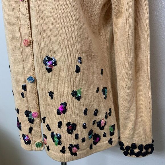 Storybook Knit Embellished Sequined Cheetah Cardigan Small Tan - Picture 6 of 13